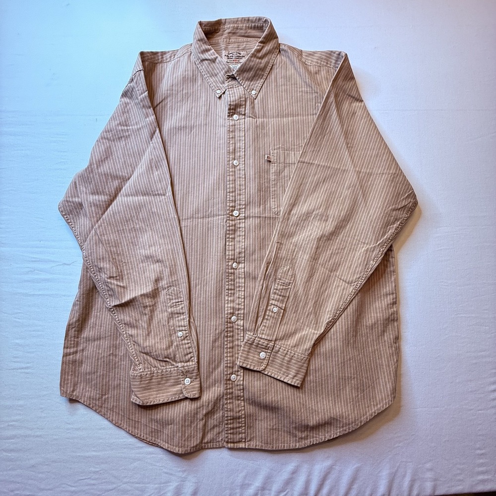Ralph Lauren Jeans Company Shirt Mens XL Beige Brown Stripe Button Down Casual
